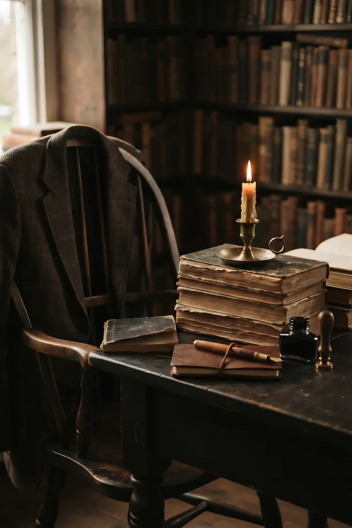 Dark Academia: aesthetic result. Dark academia still life, showing stacked old books, a brass candle holder with a lit candle, a fountain pen and ink bottle