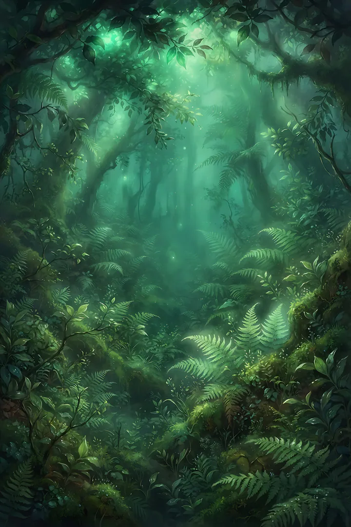 Forest Green: aura color result. Abstract aura in forest green, showing soft glowing emerald light through leaves and ferns, misty green gradient, ethereal and calm