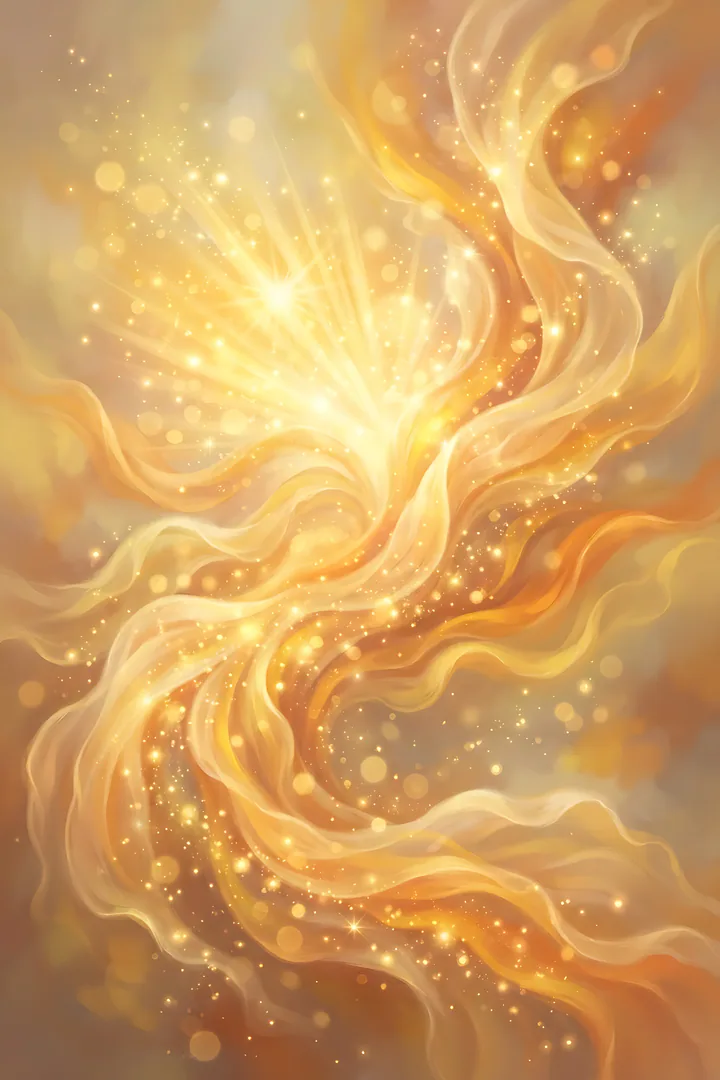 Sunrise Gold: aura color result. Abstract aura in sunrise gold and yellow, showing radiant golden light rays with soft yellow silk waves and sparkles, joyful and warm