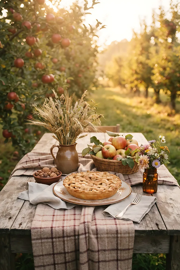 Harvest Farmhouse: autumn aesthetic result. A harvest farmhouse table outdoors in an orchard, showing apples, a pie, wheat sheaves and a checkered cloth on a wooden table