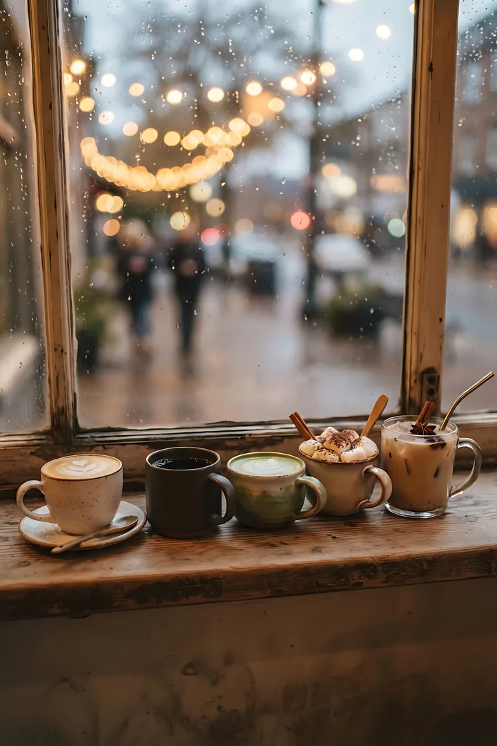What's Your Cozy Café Personality? Eye-level side view of five different drinks lined up in a row on a wooden window ledge of a cozy café, each in its own mug