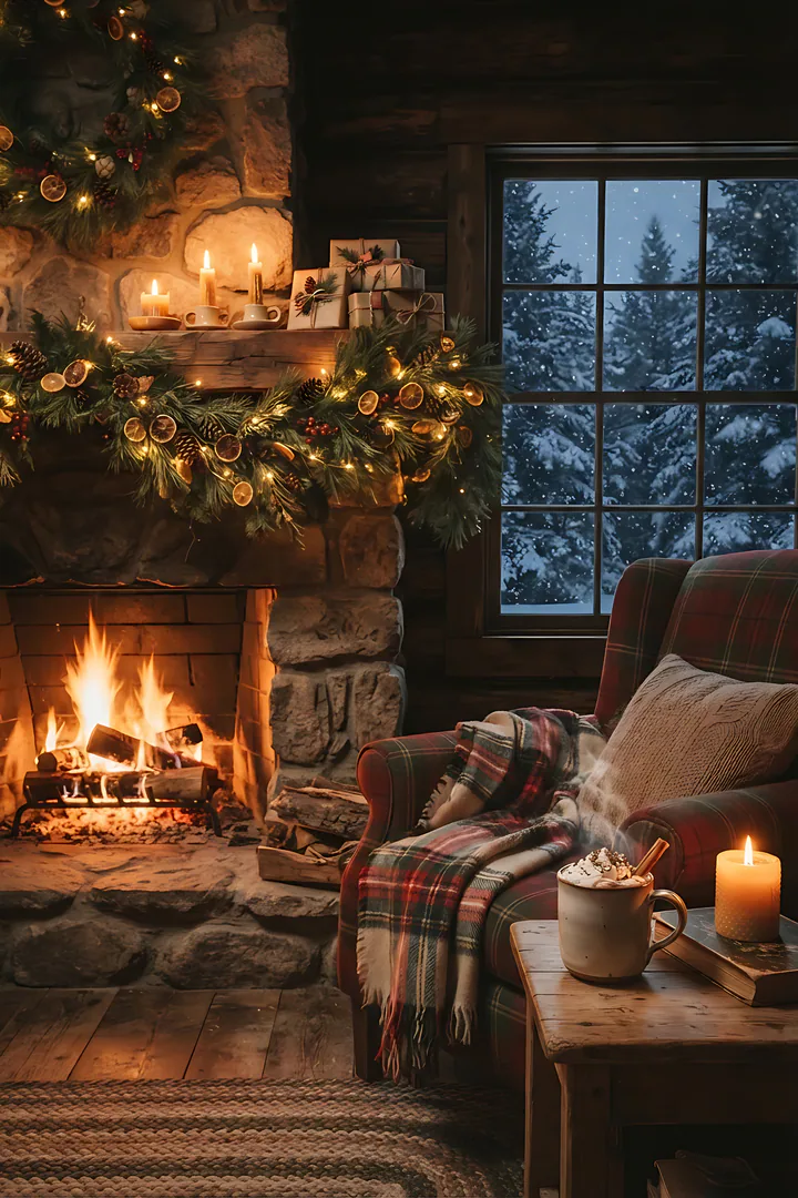 The Cozy Cabin Dreamer: Christmas aesthetic result. Cozy cabin Christmas, showing the inside of a log cabin with a stone fireplace burning, a real pine garland on the wooden mantel
