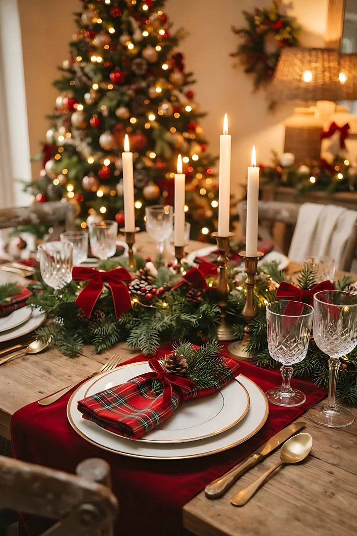 The Plaid and Velvet Classic: Christmas aesthetic result. Classic Christmas dinner table seen close from one end, showing a wooden table set for dinner with a deep red velvet runner