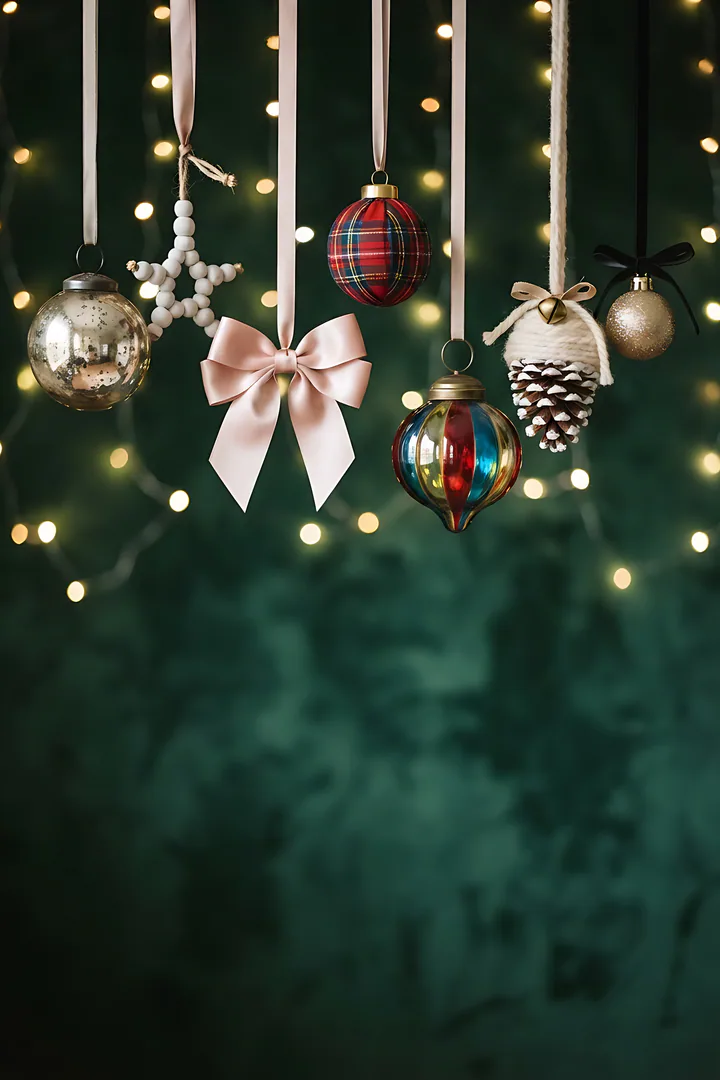 Which Christmas Aesthetic Are You? Seven different Christmas ornaments hanging at staggered heights on thin satin ribbons in front of a deep evergreen velvet wall