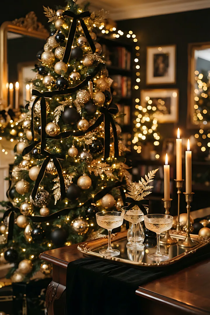 The Gold Glam Showstopper: Christmas aesthetic result. Gold glam Christmas, showing a tall tree in gold and black glass ornaments with velvet ribbon
