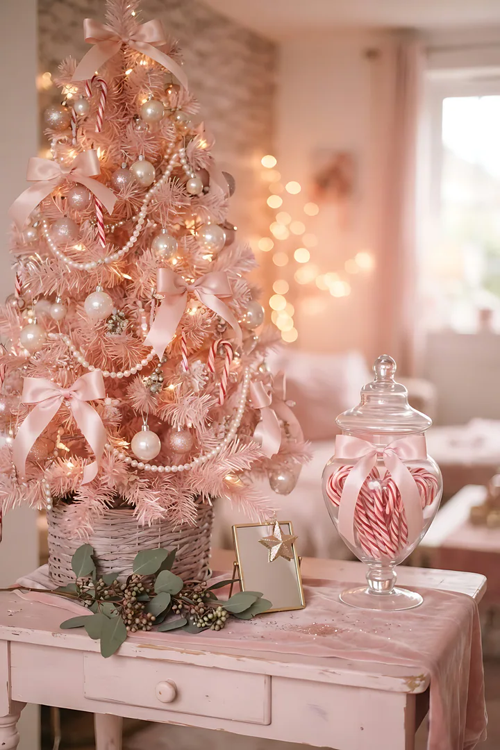 The Pink Bow Sweetheart: Christmas aesthetic result. Pink Christmas, showing a blush pink tree decorated with satin ribbon bows, pearl ornaments and tiny candy canes
