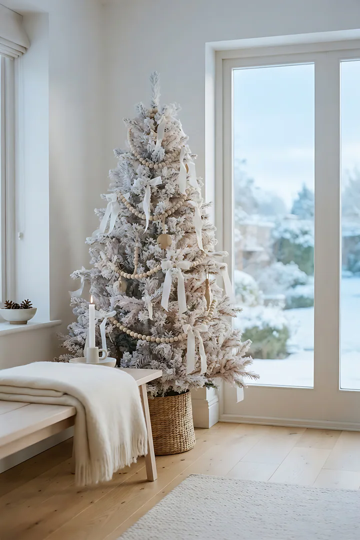 The Snowy Minimalist: Christmas aesthetic result. Minimalist white Christmas, showing a pale flocked tree with a few wooden bead ornaments and white ribbon in a bright Scandinavian room