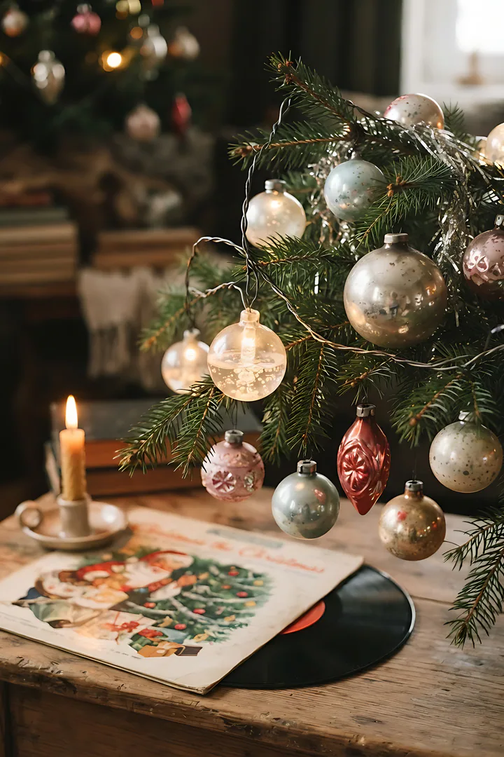 The Vintage Glass Romantic: Christmas aesthetic result. Vintage Christmas still life, showing a cluster of mercury-glass and pastel glass ornaments on a real fir branch, silver tinsel strands