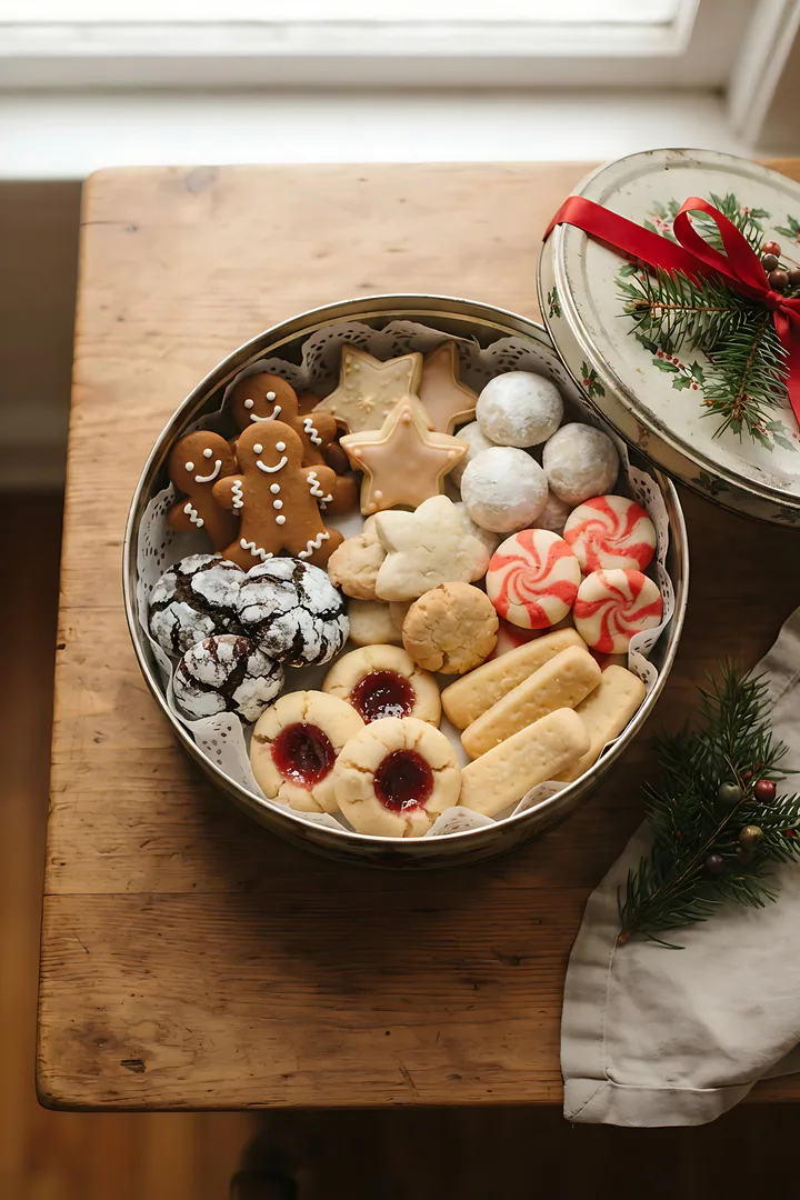 Which Christmas Cookie Are You? Overhead photograph of an open round vintage cookie tin lined with white paper doilies and filled with seven different Christmas cookies in