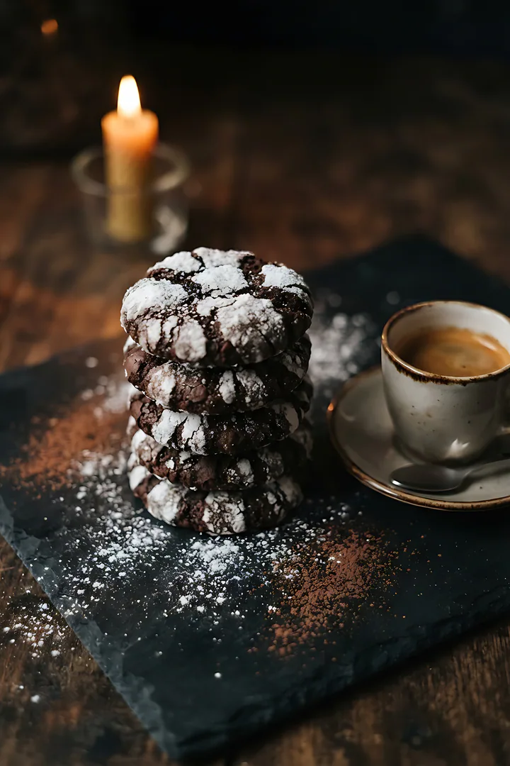The Midnight Crinkle: Christmas cookie result. Close-up of dark chocolate crinkle cookies with white powdered sugar cracks stacked on a black slate board