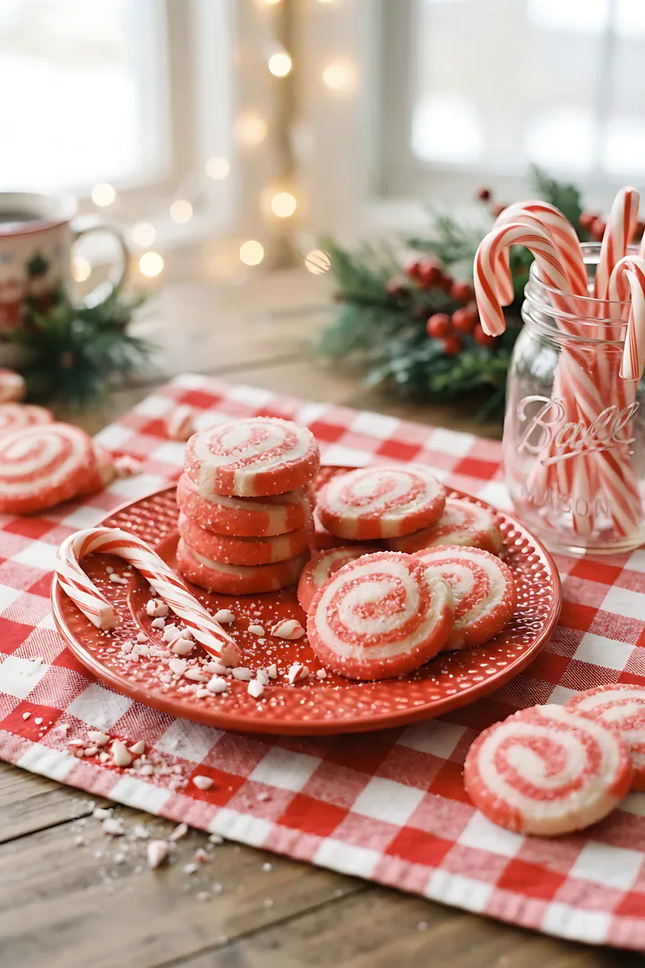 The Peppermint Spark: Christmas cookie result. Close-up of round red and white peppermint swirl cookies stacked and scattered on a red plate