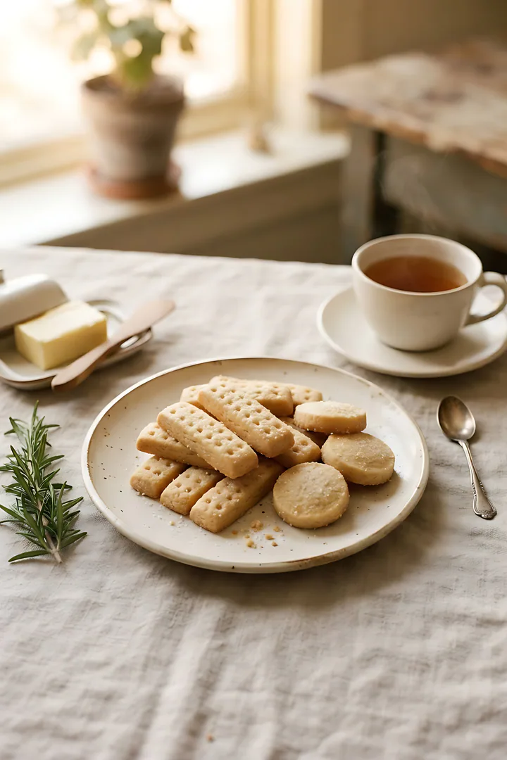 The Shortbread Sage: Christmas cookie result. Close-up of golden buttery shortbread fingers and rounds with a sparkle of sugar stacked on a cream ceramic plate, a block of butter