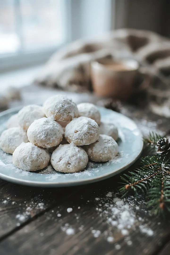 The Snowball Sweetheart: Christmas cookie result. Close-up of a pile of powdered sugar snowball cookies dusted with snowy white sugar on a pale blue plate