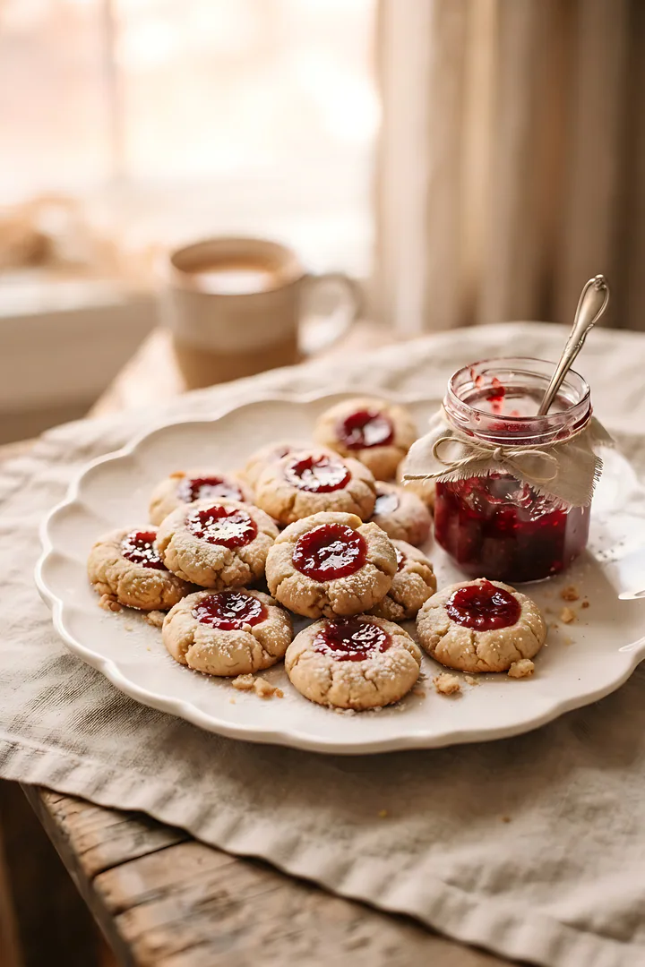 The Thumbprint Treasure: Christmas cookie result. Close-up of jam thumbprint cookies with glossy ruby red raspberry jam centers on a white scalloped plate