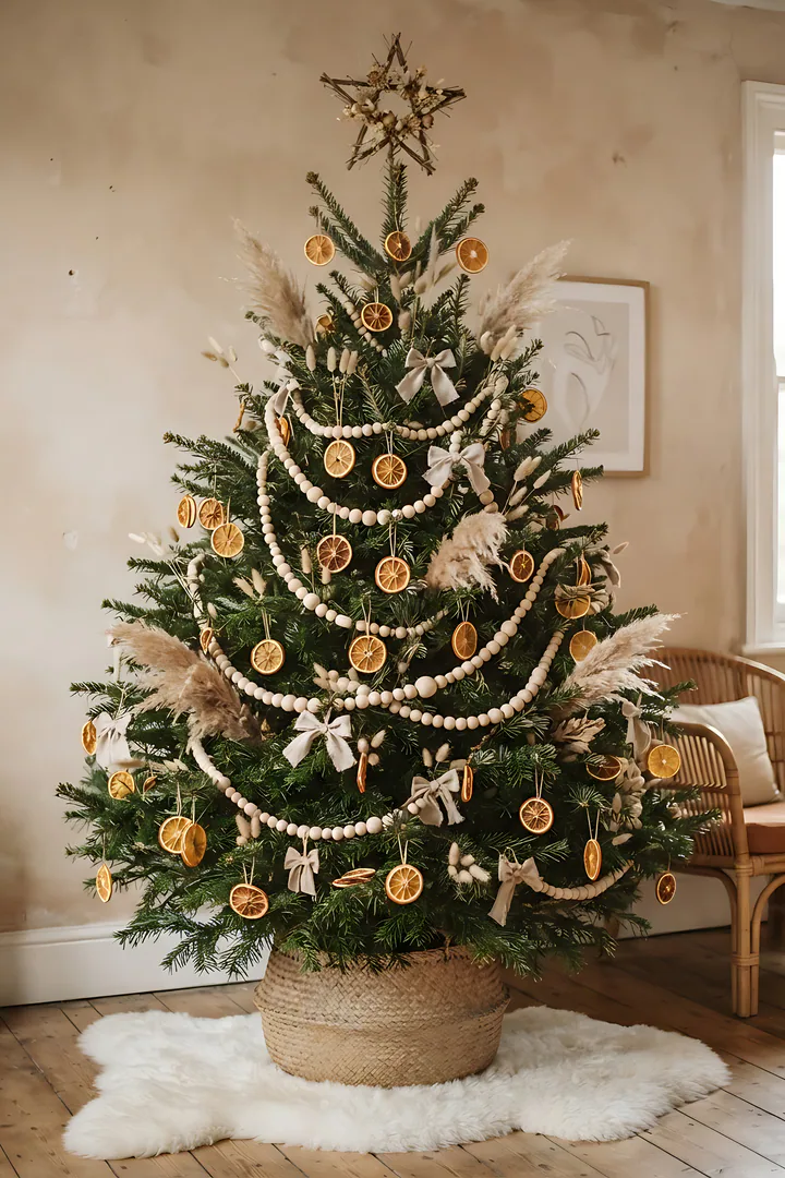 The Boho Naturalist: Christmas tree style result. Natural boho Christmas tree filling the whole frame, showing an uneven real tree with gaps and character decorated with dried orange slices