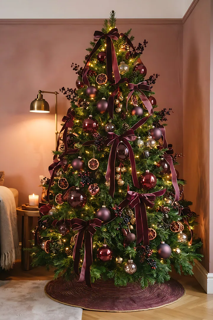 The Burgundy Berry Muse: Christmas tree style result. Burgundy Christmas tree filling the whole frame, showing a full green tree dressed in rich burgundy and plum velvet ribbon