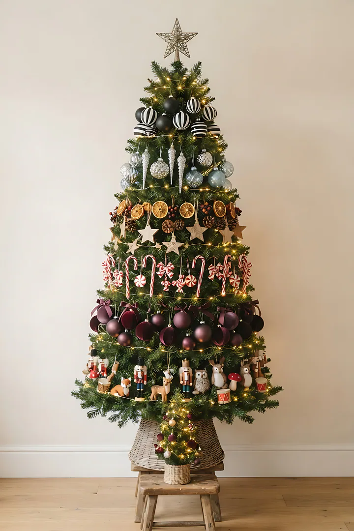 Which Christmas Tree Style Are You? One tall, slim green Christmas tree standing alone in front of a plain pale cream studio wall