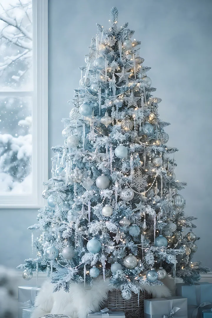 The Icy Blue Poet: Christmas tree style result. Ice blue Christmas tree filling the whole frame, showing a frosted pale tree decorated with glass icicles, silver stars