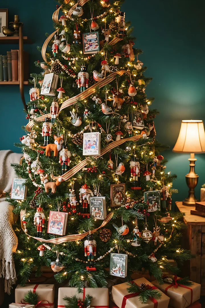 The Storybook Collector: Christmas tree style result. Whimsical storybook Christmas tree filling the whole frame, showing a full green tree decorated with small wooden nutcrackers