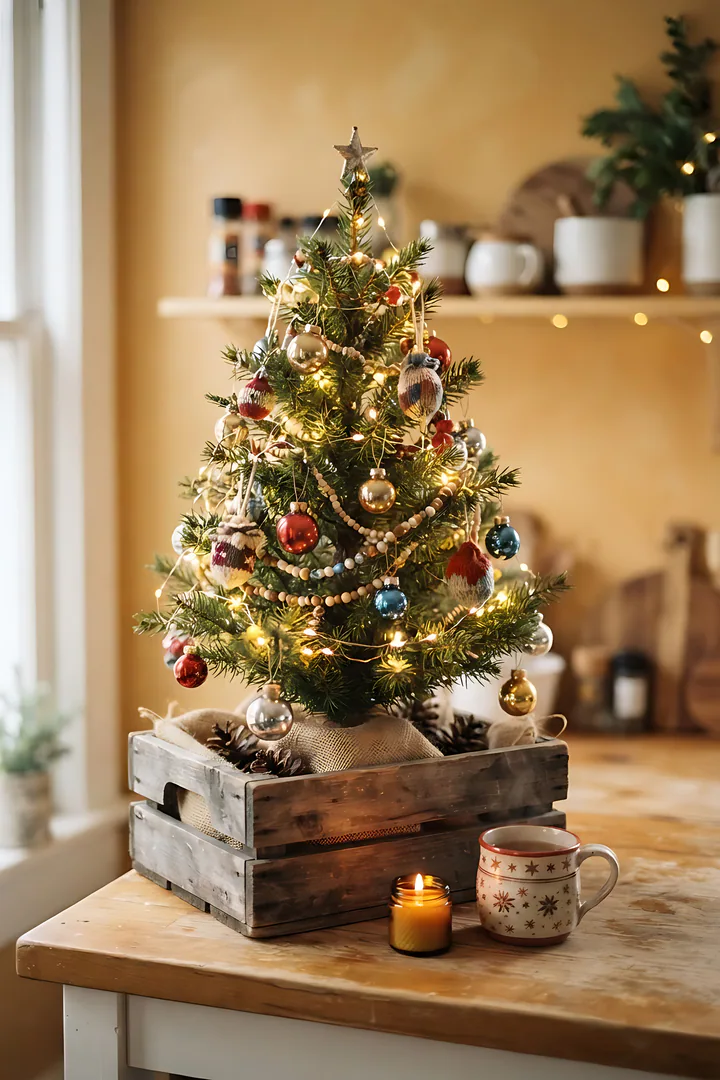 The Tabletop Charmer: Christmas tree style result. A small tabletop Christmas tree about two feet tall standing in a wooden crate on a kitchen counter