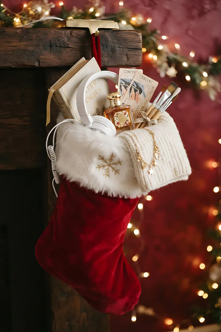 What Is Your Christmas Wishlist Style? A large red velvet Christmas stocking with a white fur cuff hanging from a dark wooden mantel in front of a deep cranberry wall