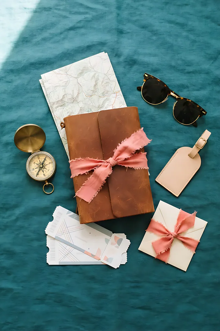 The Experience Seeker: Christmas wishlist result. Overhead flat lay on a teal linen backdrop that fills the whole frame from edge to edge with no wall or table edge visible