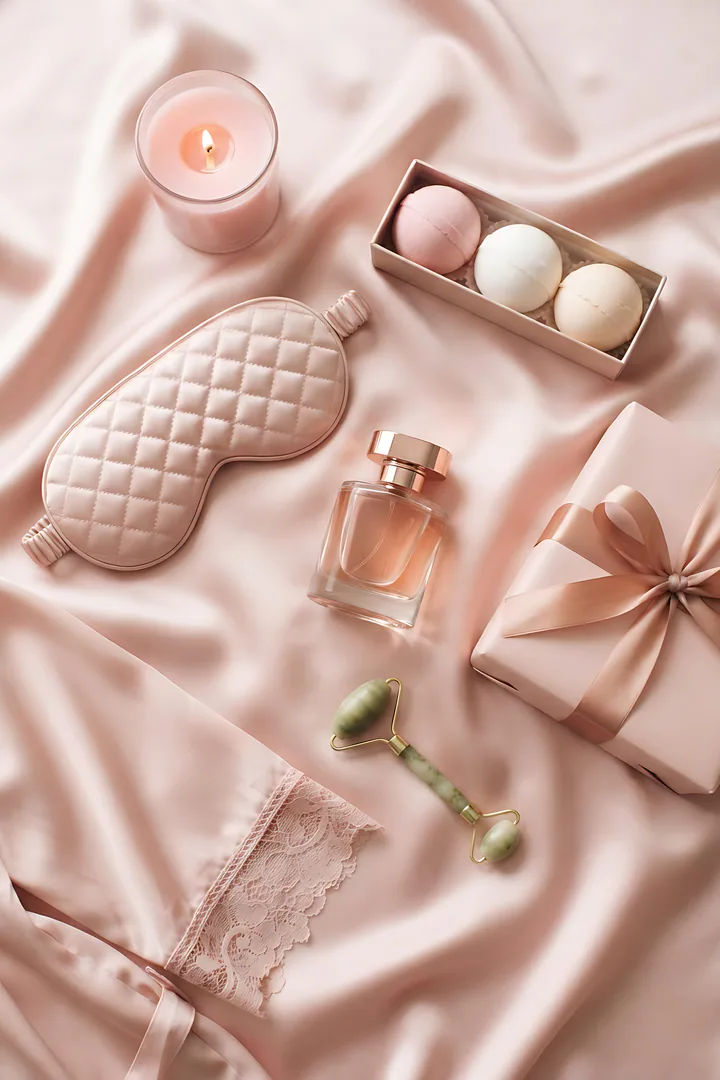 The Glow Ritualist: Christmas wishlist result. Overhead flat lay on a blush pink satin backdrop, showing a silky sleep mask, a glass perfume bottle, a set of bath bombs