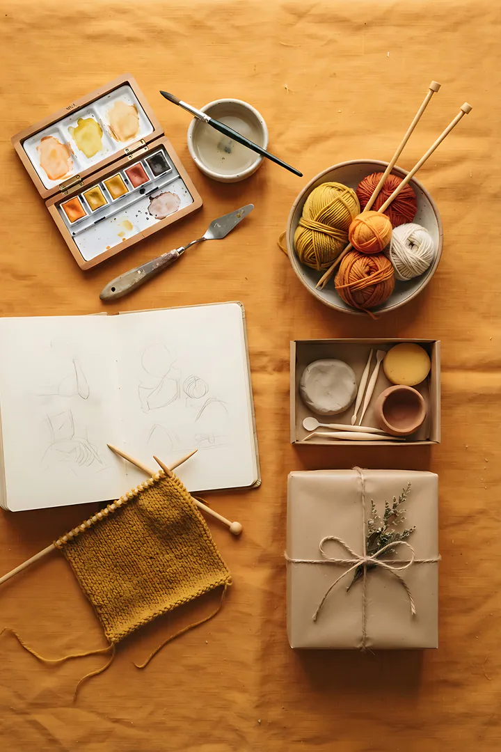 The Hobby Hunter: Christmas wishlist result. Overhead flat lay on a marigold orange backdrop, showing a watercolor paint set with a wet brush
