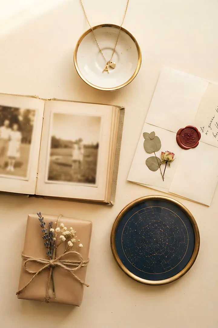 The Sentimental Soul: Christmas wishlist result. Overhead flat lay on a warm cream paper backdrop, showing a gold charm necklace in a small dish