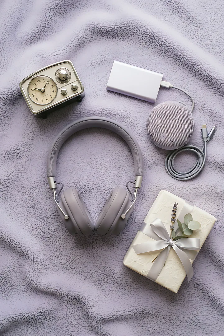 The Tech Tinkerer: Christmas wishlist result. Overhead flat lay on a soft lavender fleece blanket that fills the whole frame