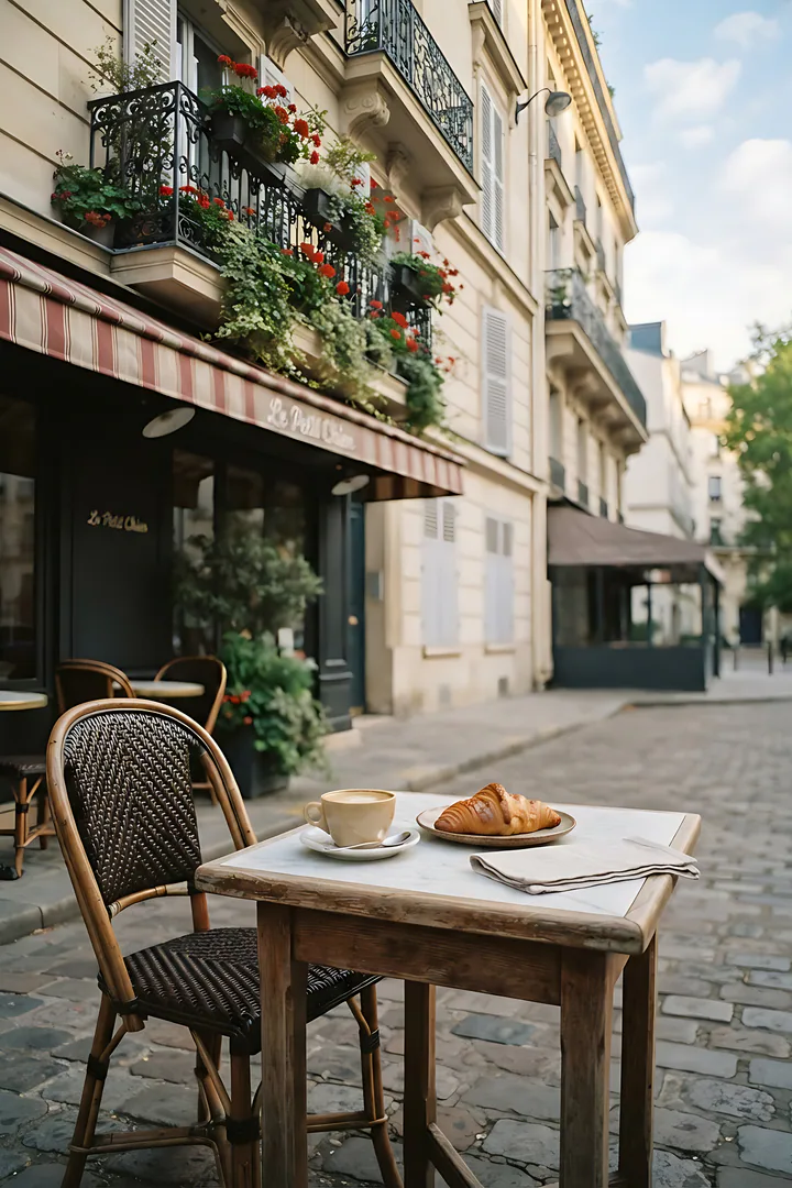 Paris Café: city aesthetic result. A Parisian café terrace in soft early morning light, showing a small round table with a cup of coffee and a croissant, two bistro chairs