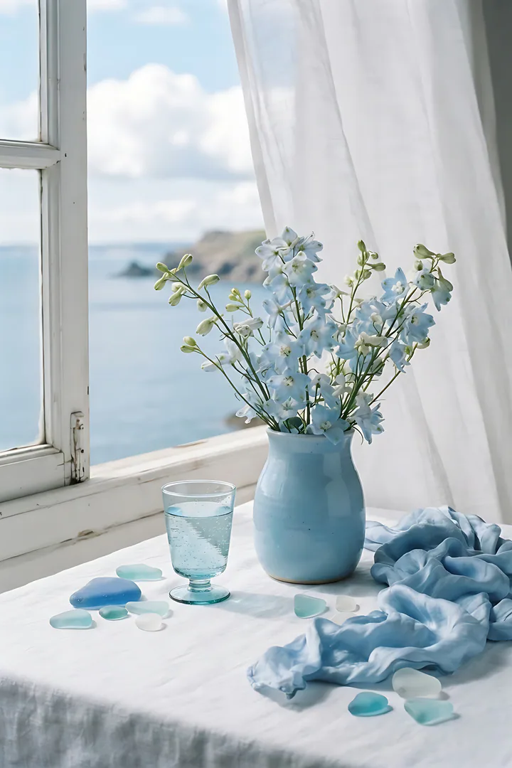 Dreamy Blue: color aesthetic result. Dreamy baby blue aesthetic still life on a white linen table by a window, showing a sky blue ceramic vase with pale blue delphinium