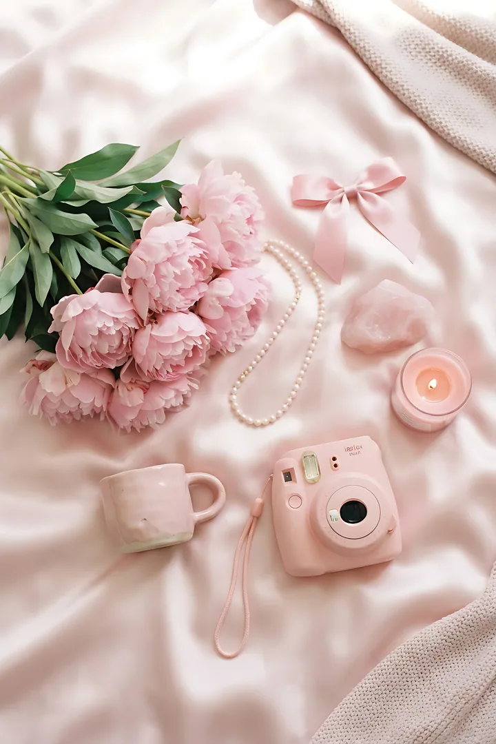 Soft Pink: color aesthetic result. Soft pink aesthetic flat lay on a pale pink satin sheet, showing blush peonies, a pearl necklace, a pink satin ribbon bow, a rose quartz