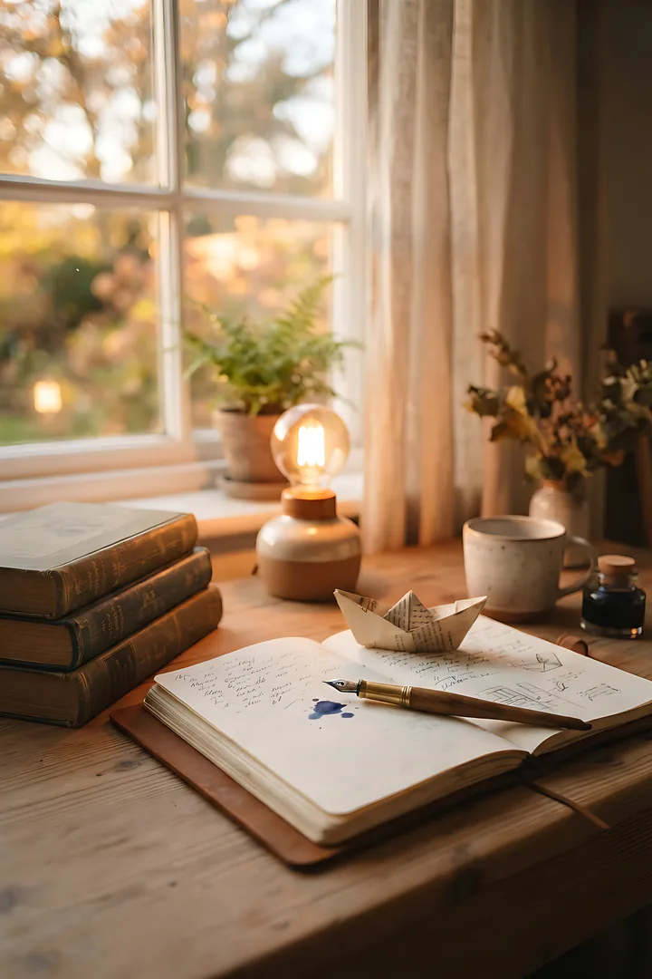 The Storyteller: creative superpower result. A cozy writing desk by a window with an open notebook, a fountain pen, a warm lamp, a stack of books and a tiny paper boat, golden glow