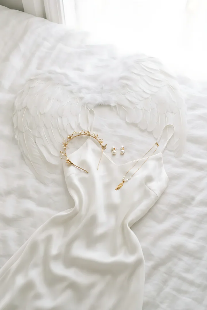Angel: duo Halloween costume result. Angel Halloween costume flat lay, showing large white feathered wings, a golden halo headband, a flowing white satin dress