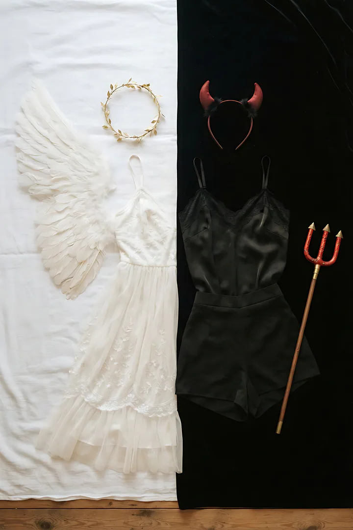 Angel & Devil: duo Halloween costume result. Angel and devil duo costume flat lay in a symmetrical composition, showing on one side white feathered wings