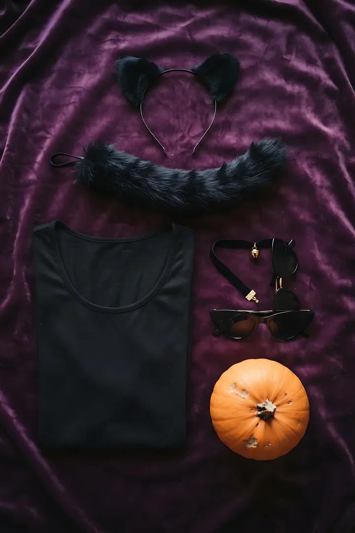 Black Cat: duo Halloween costume result. Black cat Halloween costume flat lay, showing a black cat ear headband, a fluffy black tail, a black bodysuit