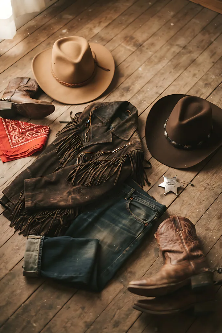 Cowgirl & Sheriff: duo Halloween costume result. Cowgirl and sheriff duo costume flat lay, showing two cowboy hats one tan and one brown, brown leather boots, a silver star sheriff badge