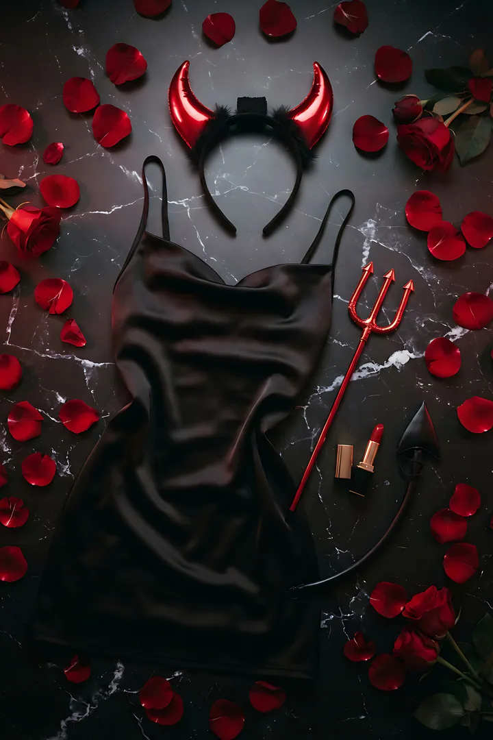 Devil: duo Halloween costume result. Devil Halloween costume flat lay, showing glossy red devil horns on a headband, a black satin mini dress, a small red pitchfork