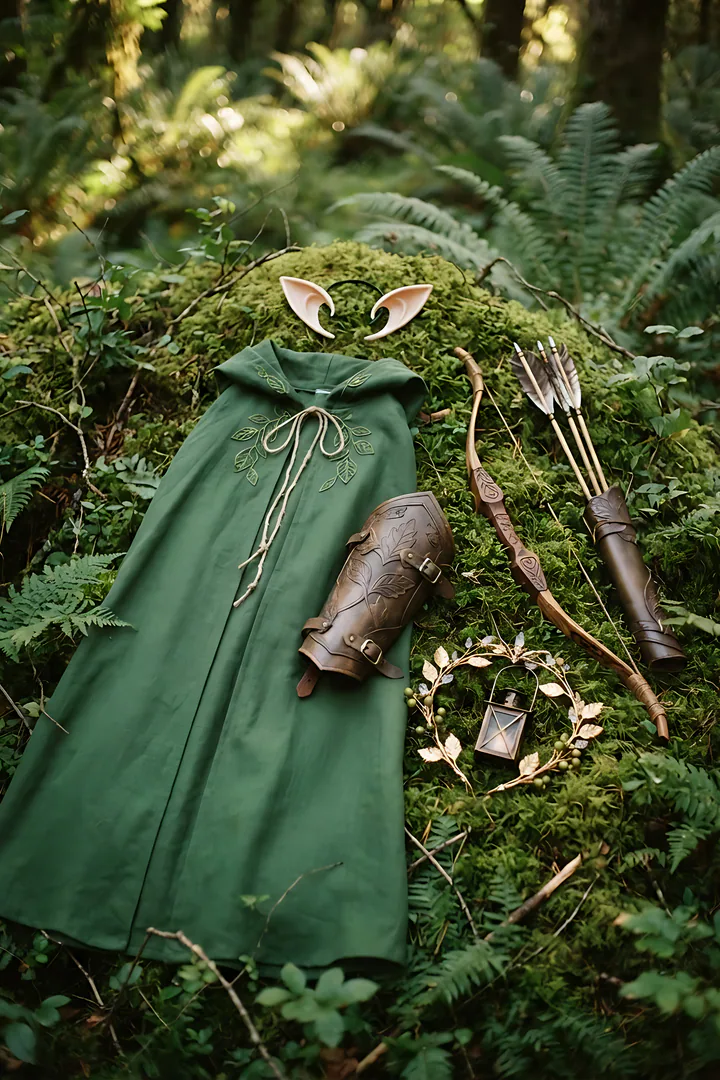 Elf: duo Halloween costume result. Elf Halloween costume flat lay on moss, showing a pair of pointed elf ears, a long leafy green cape, a leather bracer