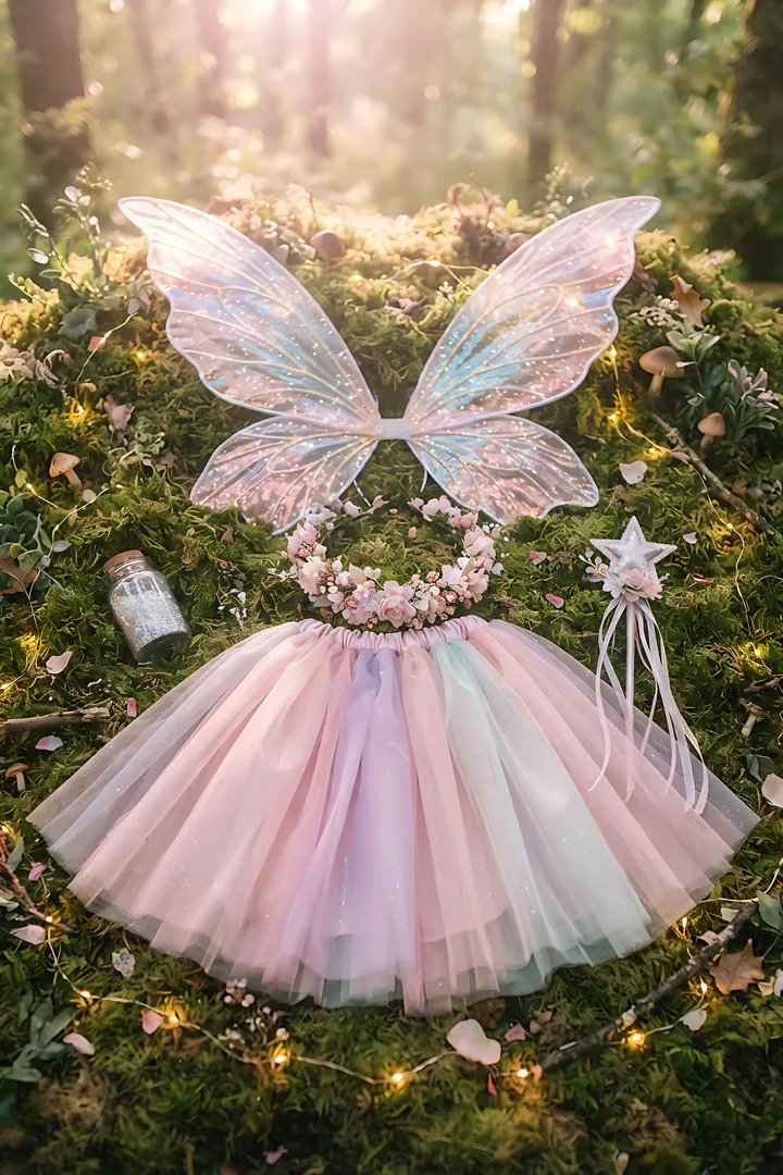 Fairy: duo Halloween costume result. Fairy Halloween costume flat lay on moss, showing large glittery iridescent fairy wings, a flower crown of tiny pink and white blossoms