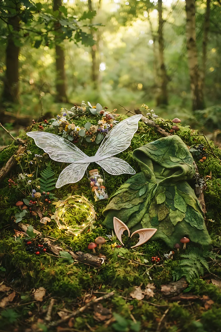 Fairy & Elf: duo Halloween costume result. Fairy and elf duo costume flat lay on moss in a forest, showing glittery wings, a flower crown, a pair of pointed elf ears