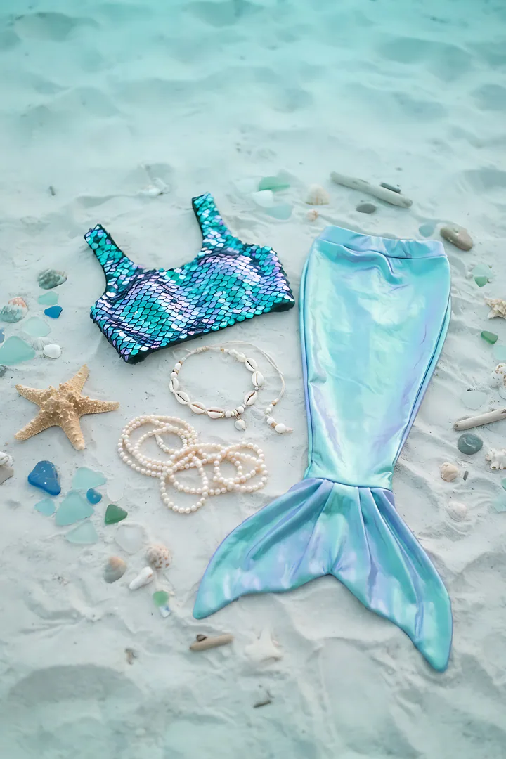 Mermaid: duo Halloween costume result. Mermaid Halloween costume flat lay, showing a shimmering teal and purple scale top, an iridescent mermaid tail skirt, a shell necklace