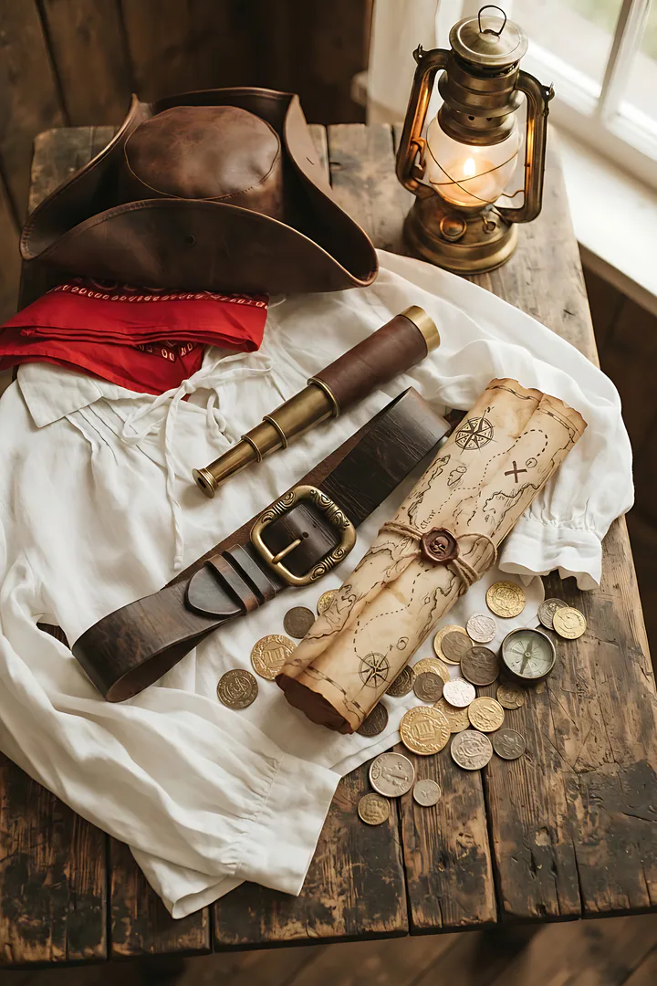 Pirate: duo Halloween costume result. Pirate Halloween costume flat lay, showing a brown leather tricorn hat, a red bandana, a white poet shirt