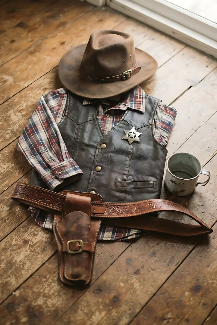 Sheriff: duo Halloween costume result. Sheriff Halloween costume flat lay, showing a brown sheriff hat, a silver star sheriff badge, a brown leather belt with a toy holster
