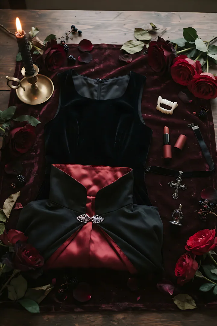 Vampire: duo Halloween costume result. Vampire Halloween costume flat lay, showing a black velvet dress, a high-collar black cape lined in red satin, plastic vampire fangs