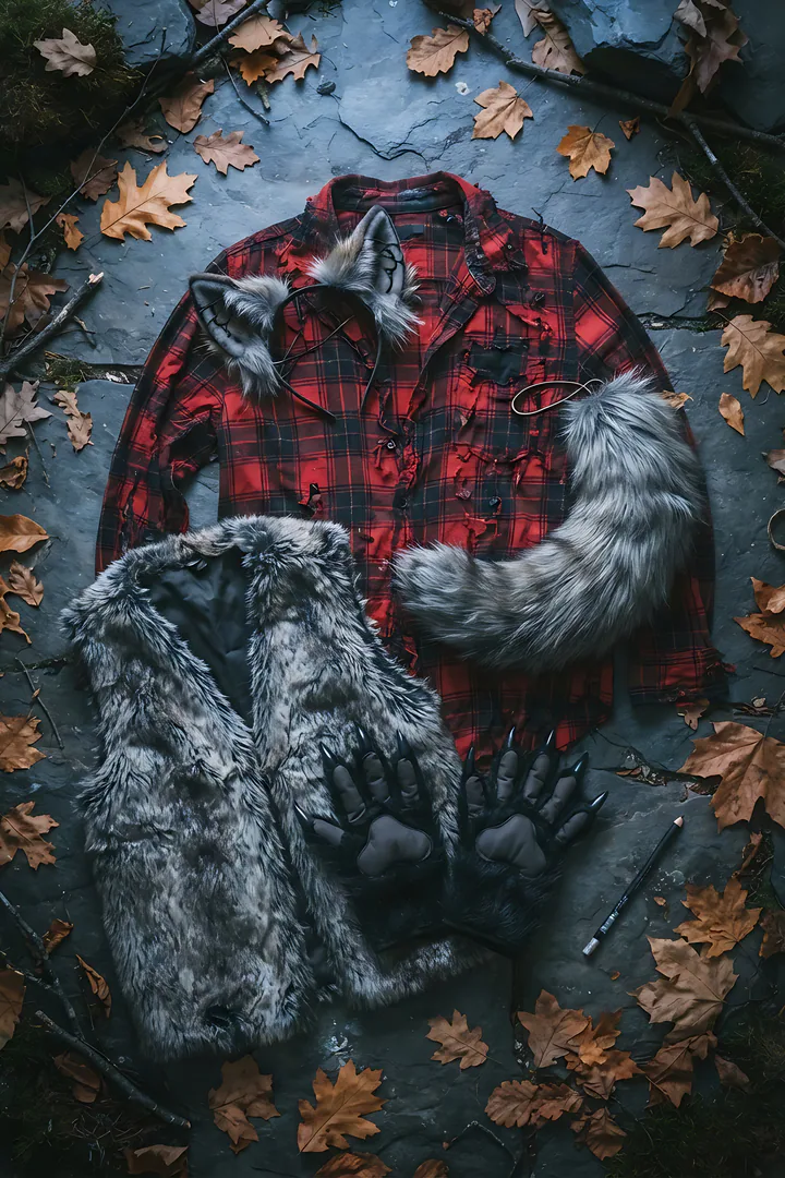 Werewolf: duo Halloween costume result. Werewolf Halloween costume flat lay, showing a furry wolf ears headband, a gray fluffy tail, a torn red plaid flannel shirt