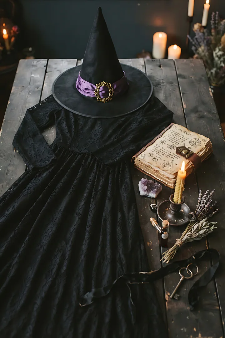 Witch: duo Halloween costume result. Witch Halloween costume flat lay, showing a black pointed witch hat with a purple ribbon and a gold buckle, a long black lace dress