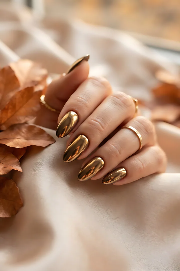 Golden Chrome: fall nail design result. A hand with almond nails in a mirror golden chrome finish over a dark brown base, catching warm light with glowing reflections