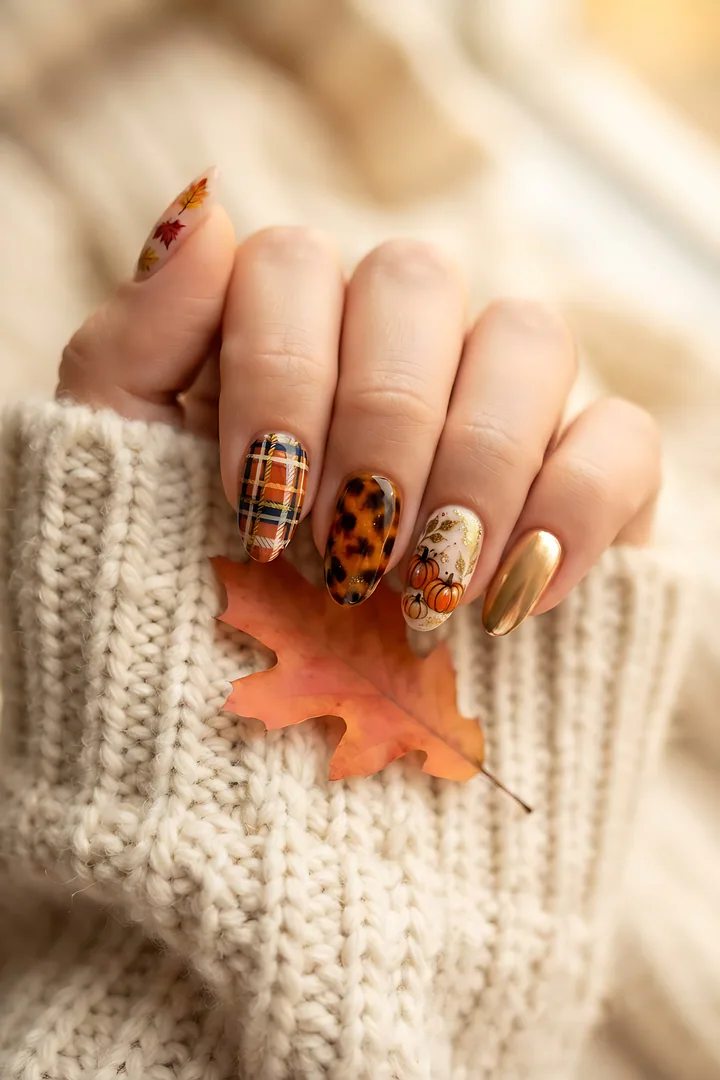 Which Fall Nail Design Are You? Two hands with different fall nail art on every nail, showing hand-painted autumn leaves, cozy plaid, amber tortoiseshell